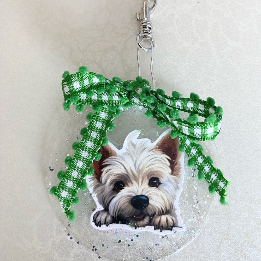 Westie Dog Resin Ornament with Green Bow
